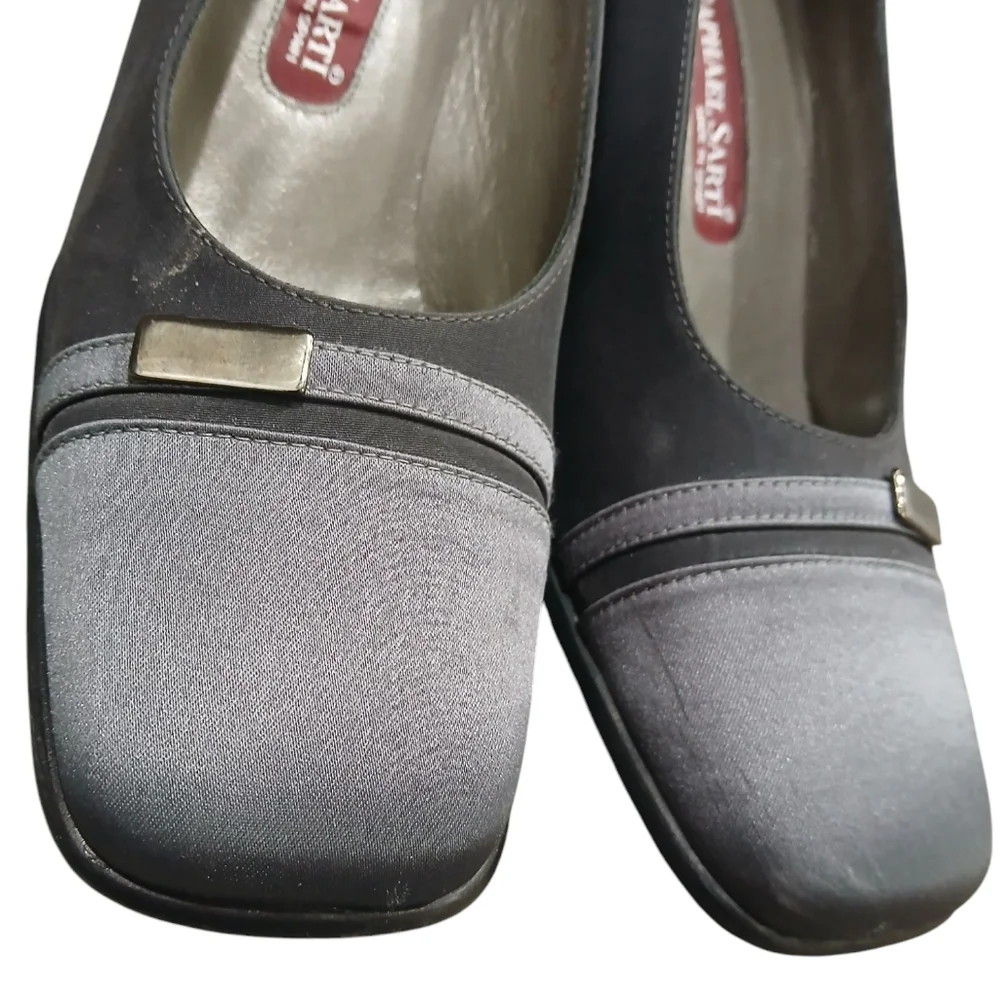 Raphael Sarti Square Toe Grey Satin Cap toe Block Heel Silver Womans